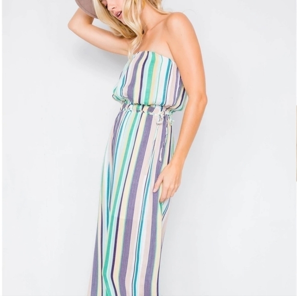 Anthropologie Le Lis Green Blue Striped Strapless Wide Leg Jumpsuit Pantsuit - Picture 5 of 16